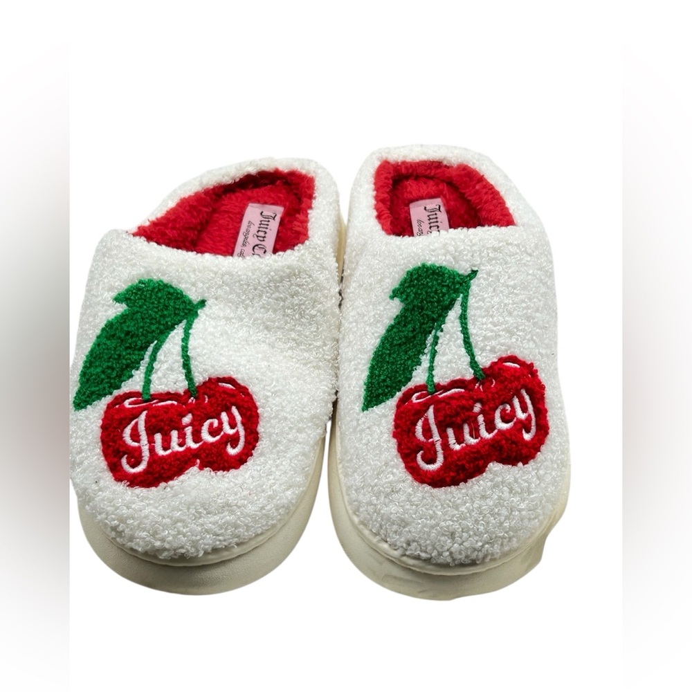 Juicy Couture White Plush Cherry Slip-On Slippers with Red Lining